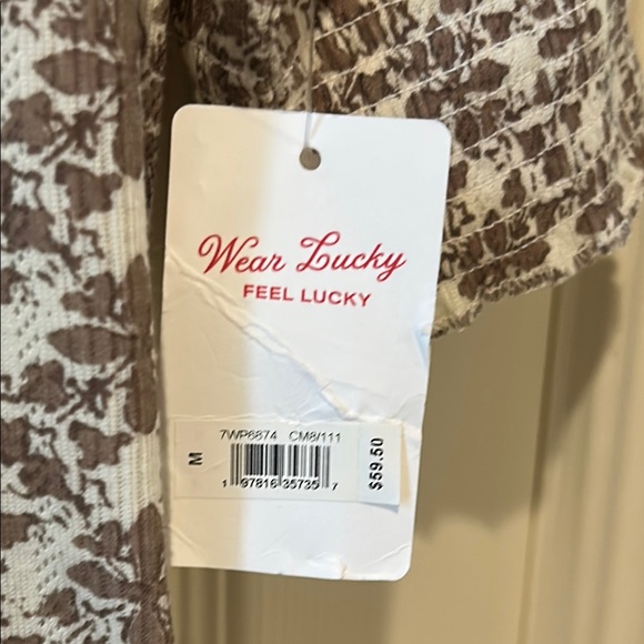 Lucky Brand NWT ~ Women's Cream & Tan Patterned Top ~ 3/4 Length Sleeves - Picture 3 of 6